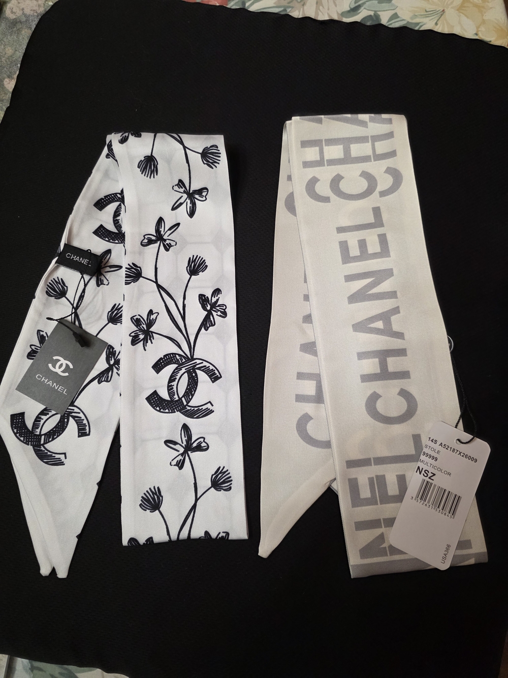 Luxury Inspires White and Black Logo Floral Silk Twilly Scarves - Set of 2